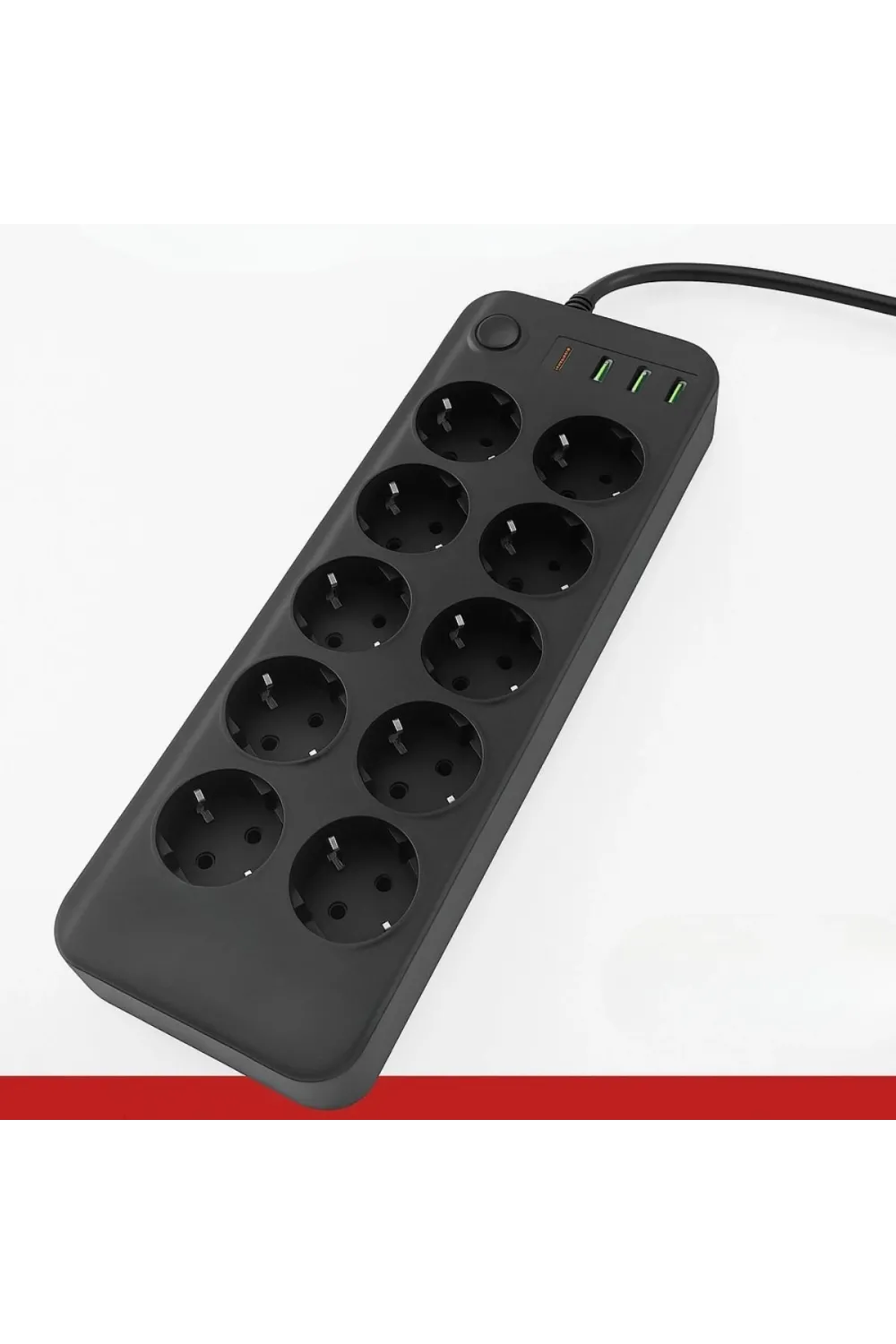 ieg™  Akım Korumalı Termal Uzatma Kablosu – 10 Priz, 2 USB ve 2 Type-C Girişli, Güçlü Çoklu Priz