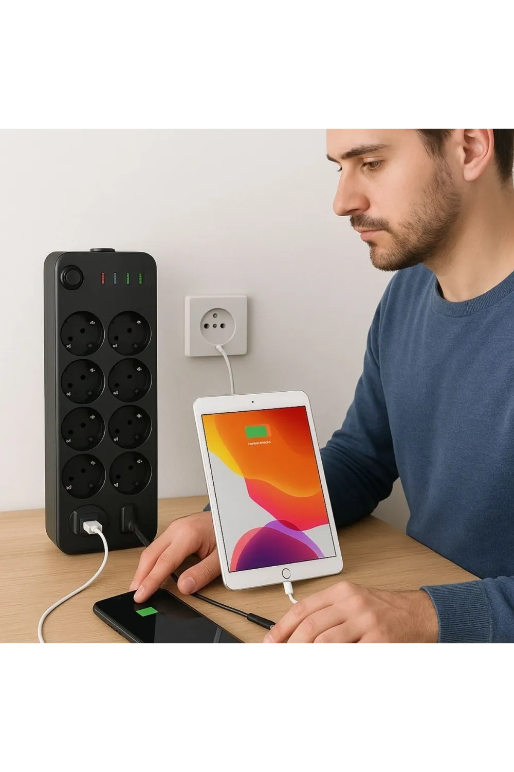 ieg™  Akım Korumalı Termal Uzatma Kablosu – 10 Priz, 2 USB ve 2 Type-C Girişli, Güçlü Çoklu Priz