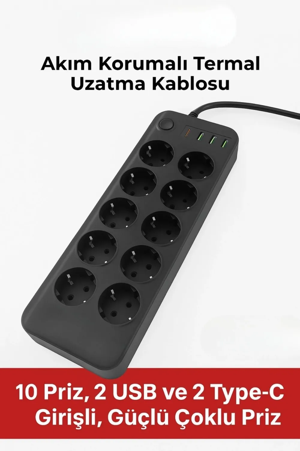 ieg™  Akım Korumalı Termal Uzatma Kablosu – 10 Priz, 2 USB ve 2 Type-C Girişli, Güçlü Çoklu Priz