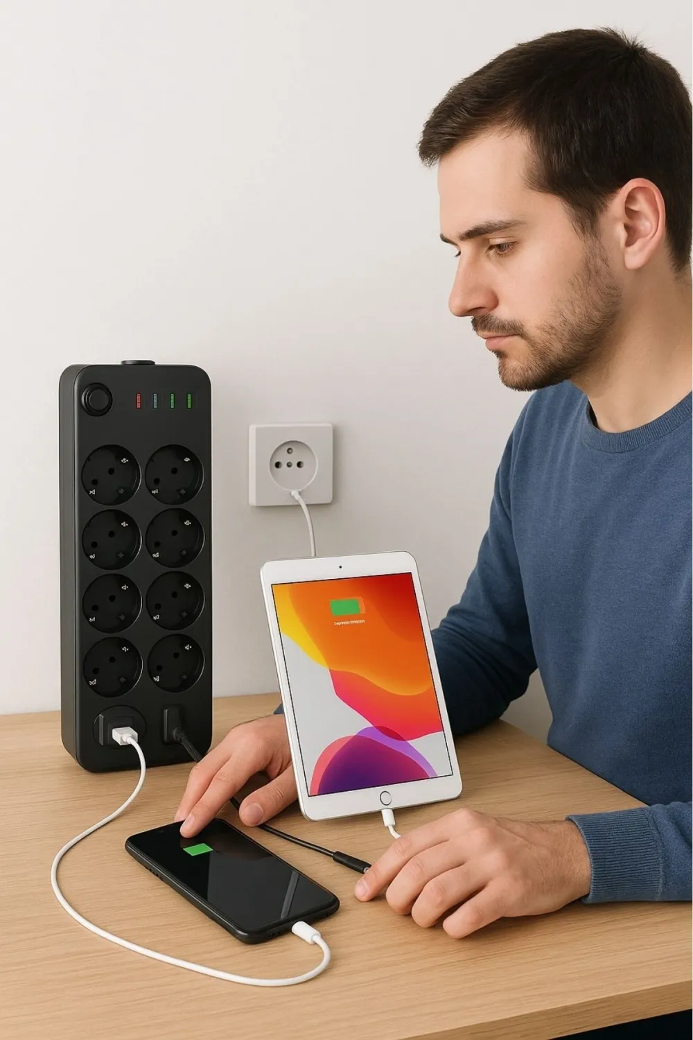 ieg™  Akım Korumalı Termal Uzatma Kablosu – 10 Priz, 2 USB ve 2 Type-C Girişli, Güçlü Çoklu Priz