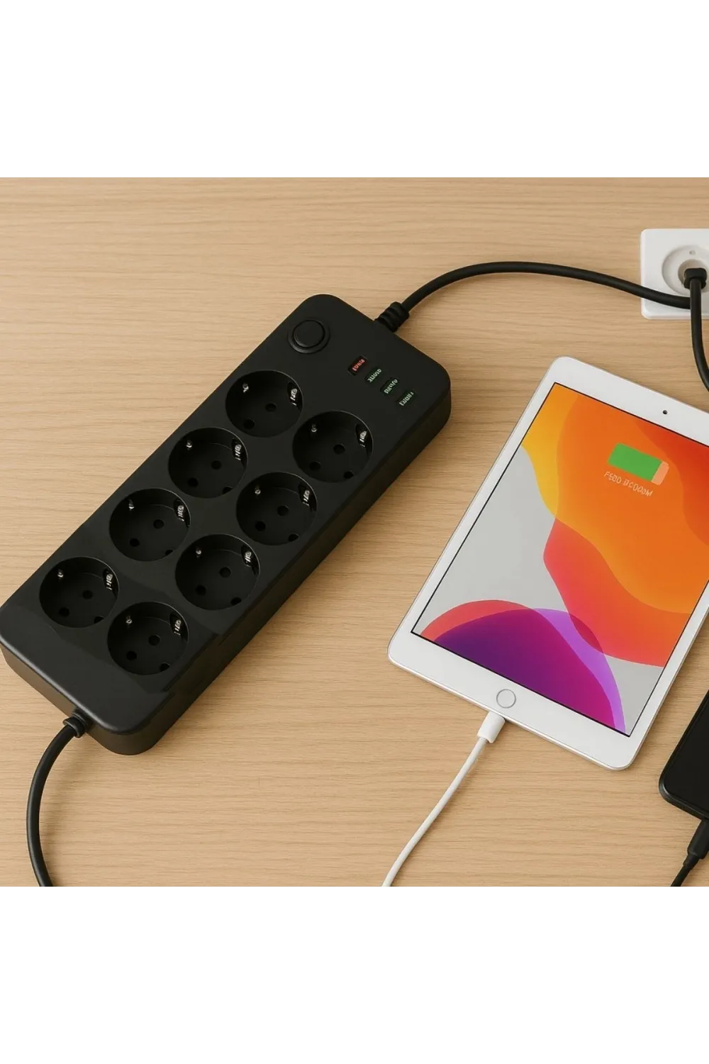 ieg™  Akım Korumalı Termal Uzatma Kablosu – 8 Priz, 2 USB ve 2 Type-C Girişli, Güçlü Çoklu Priz