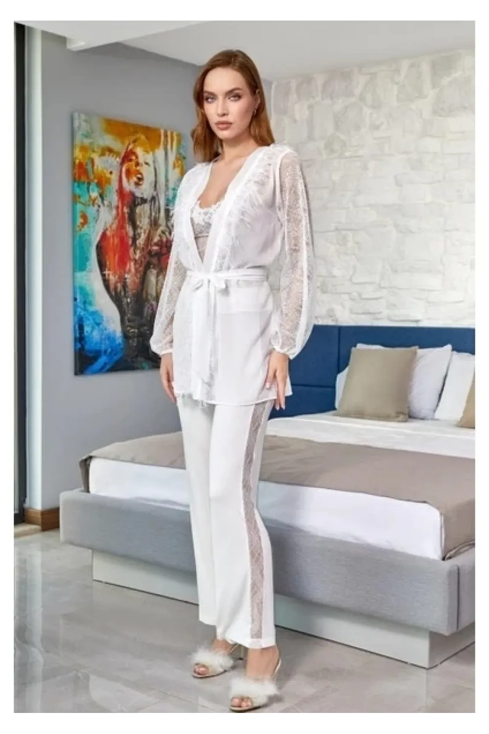 ieg™ Aqua 24584 Dantel Detay Sabahlıklı 3lü Pijama Takımı