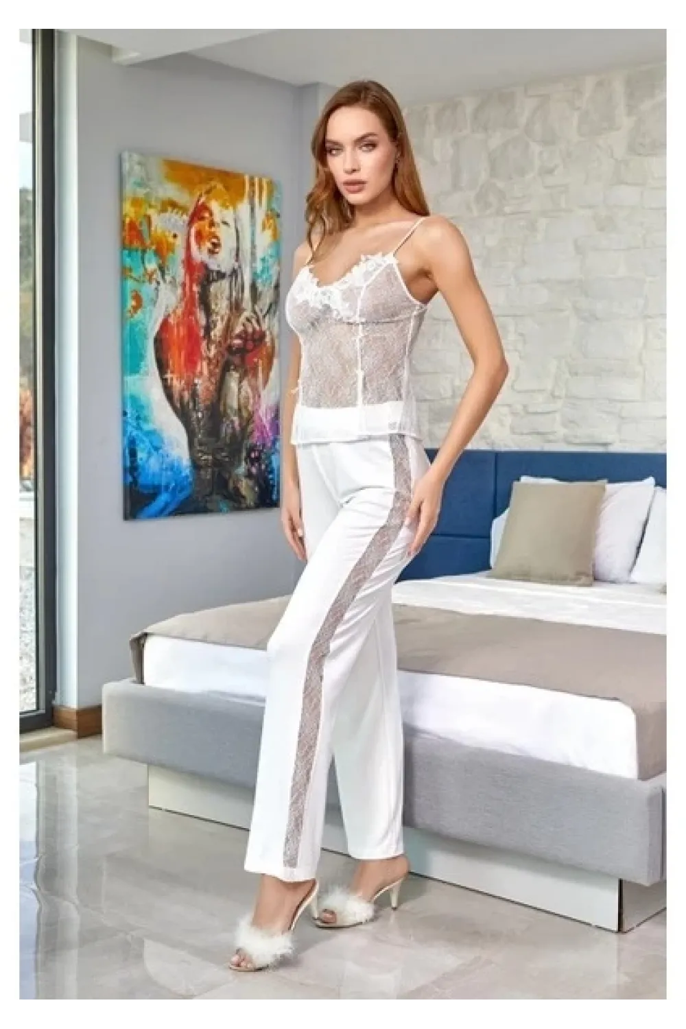 ieg™ Aqua 24584 Dantel Detay Sabahlıklı 3lü Pijama Takımı