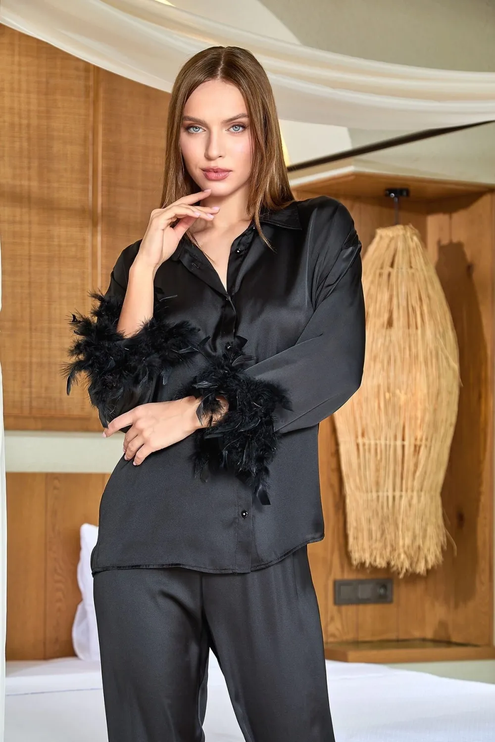 ieg™ Aqua 25583 Gömlek Yaka Otrişli Saten Pijama Takımı