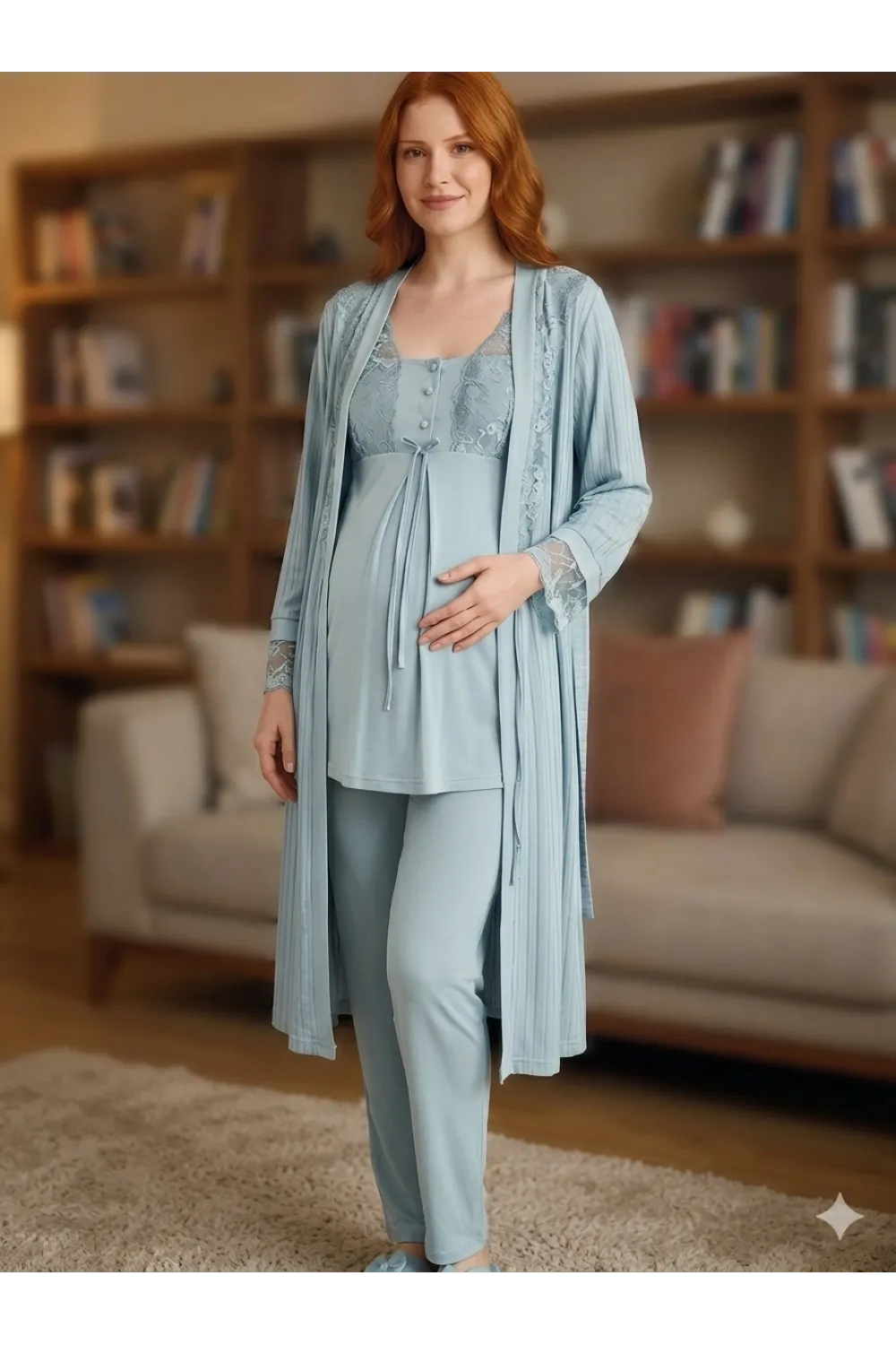 ieg™ Bone 6205 Kadın 3lü Jakarlı Sabahlıklı Lohusa Pijama Takımı