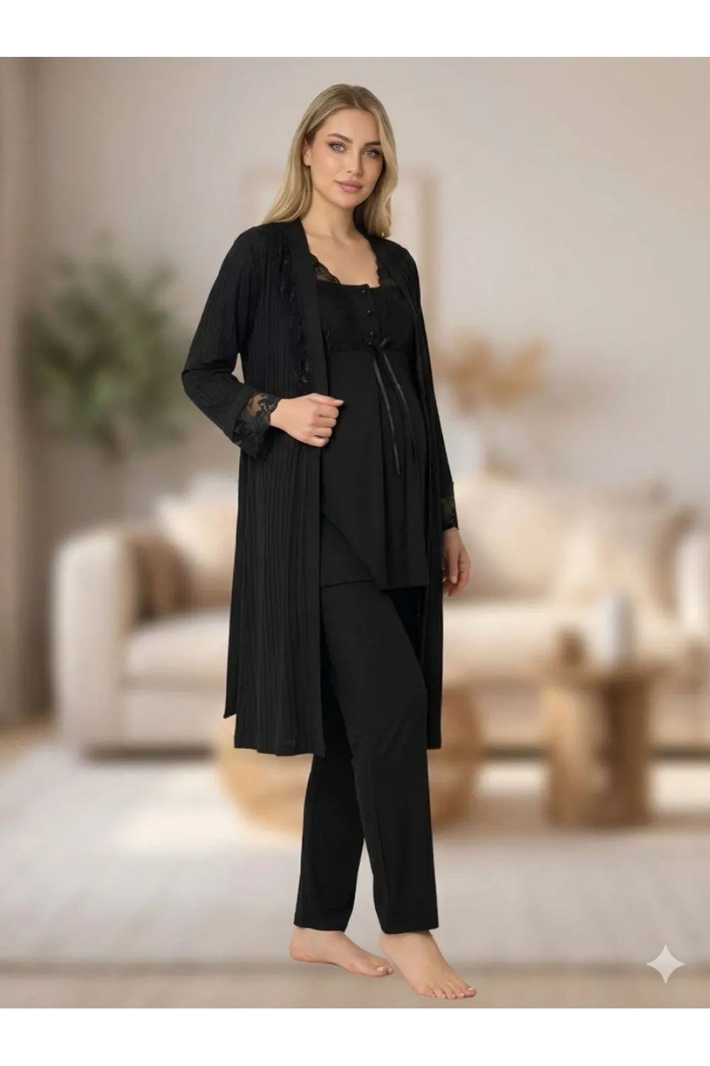 ieg™ Bone 6205 Kadın 3lü Jakarlı Sabahlıklı Lohusa Pijama Takımı