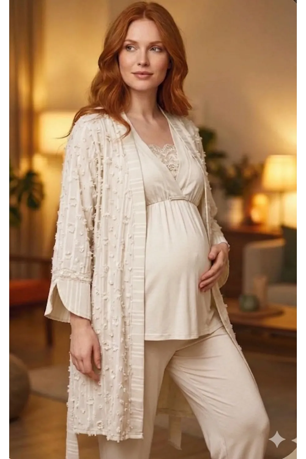 ieg™ Bone 6209 Kadın 3lü Dokuma Sabahlıklı Lohusa Pijama Takımı
