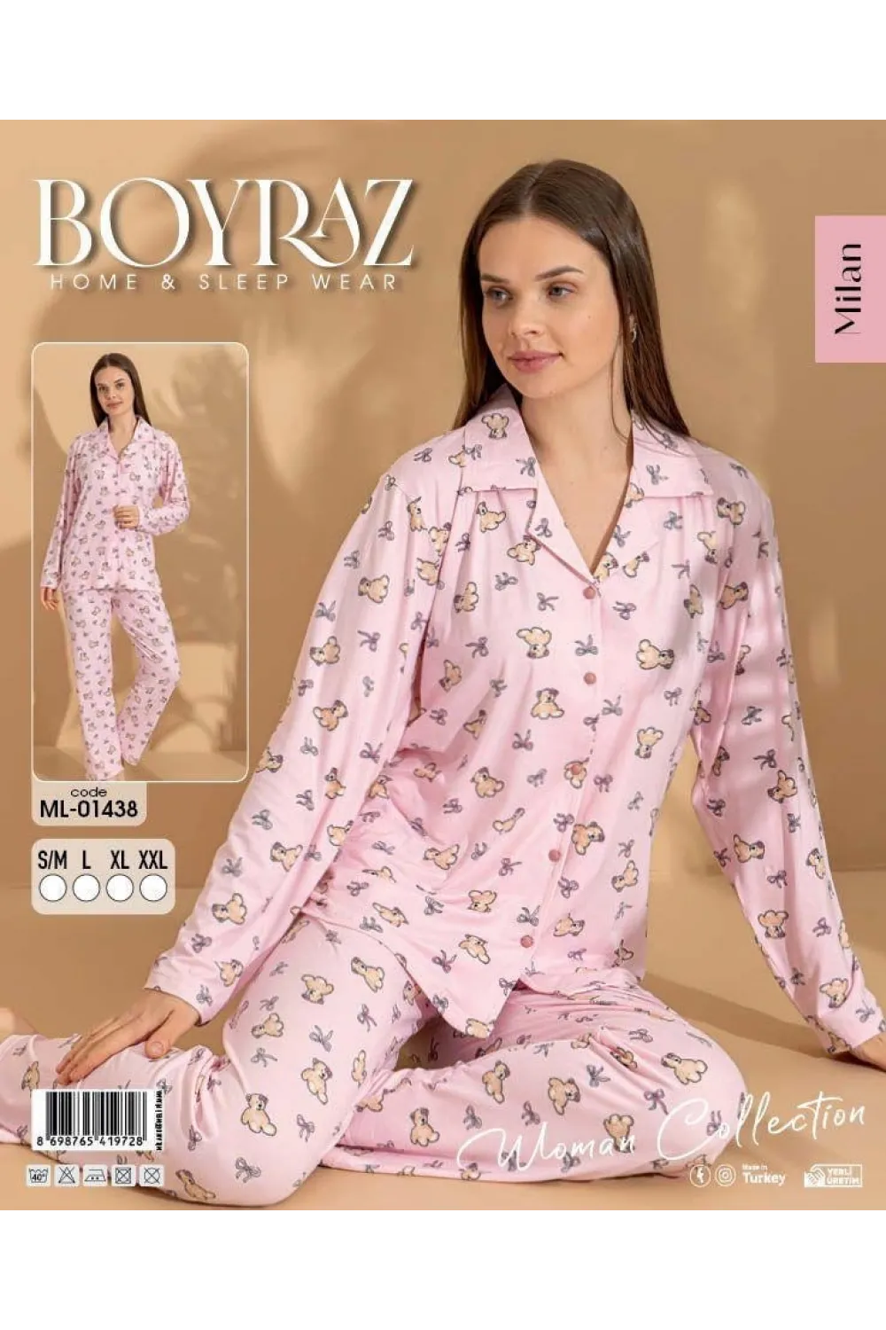 ieg™ Boyraz ML-01438 Kadın Uzun Kol Boydan Düğmeli Pijama Takımı