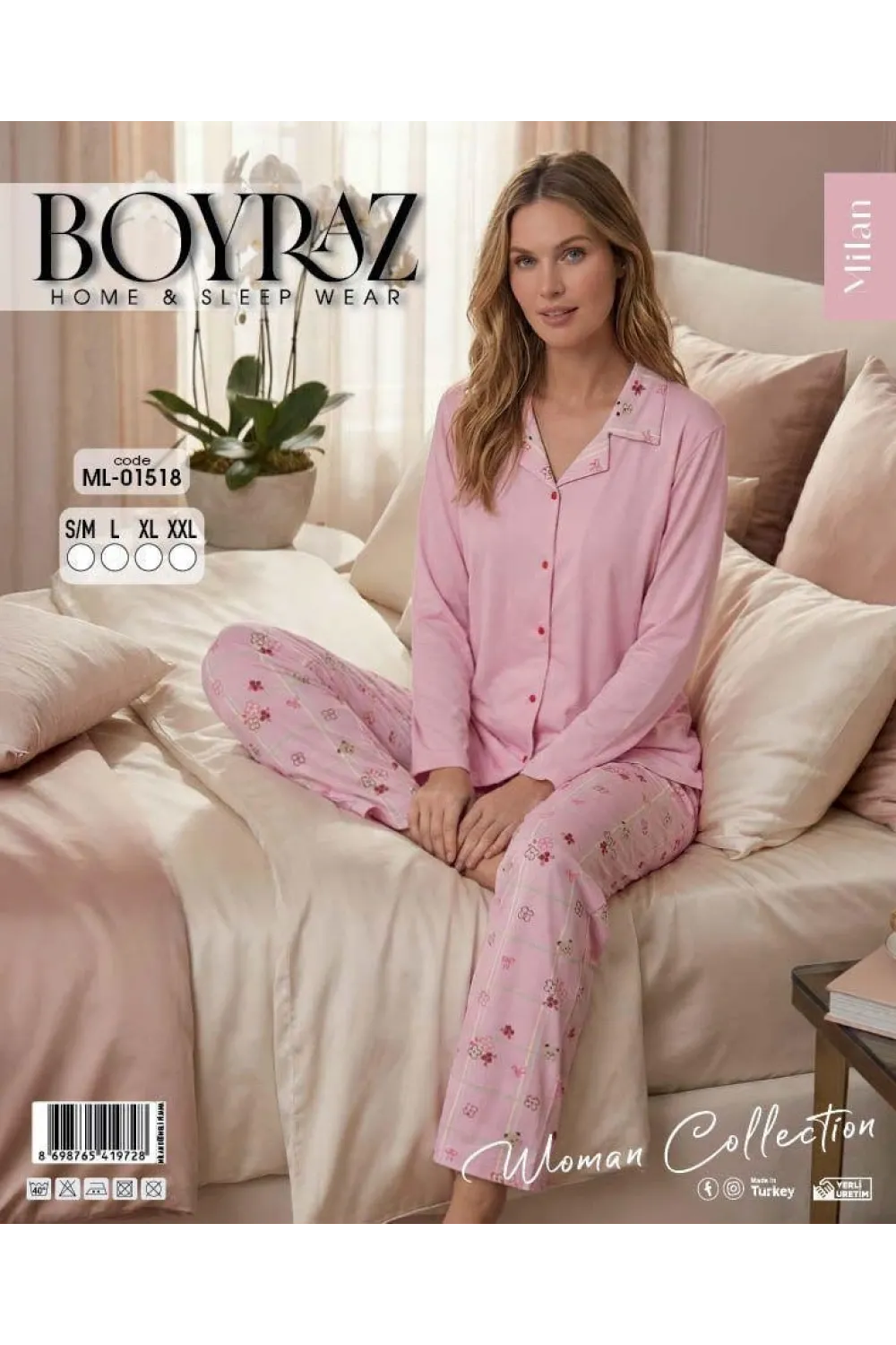 ieg™ Boyraz ML-01518 Kadın Uzun Kol Boydan Düğmeli Pijama Takımı