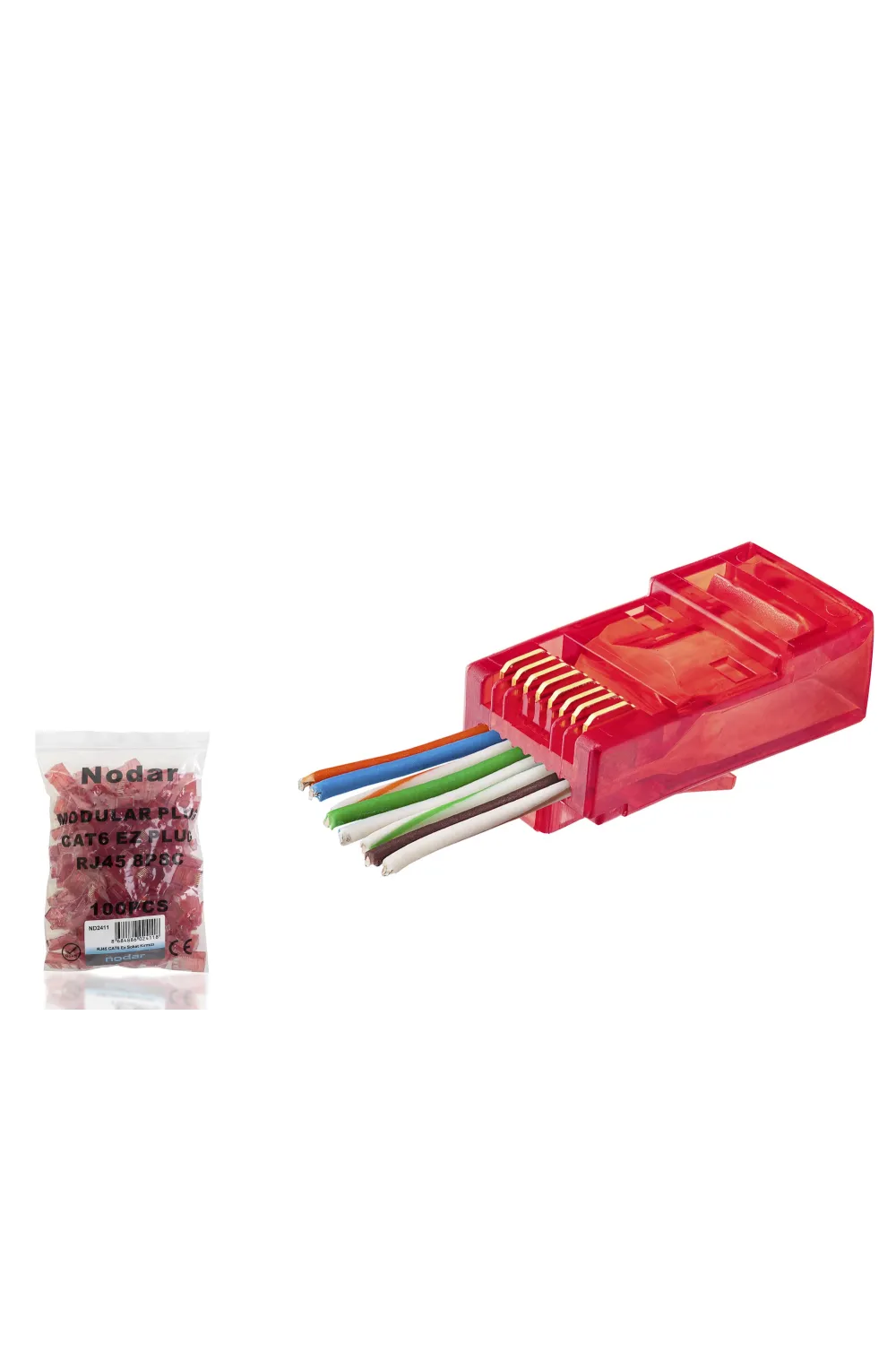 Cat6 Ez Rj45 Konnektör - 100 Adet Kirmizi / Ekonomik Poşet Paket ND2411