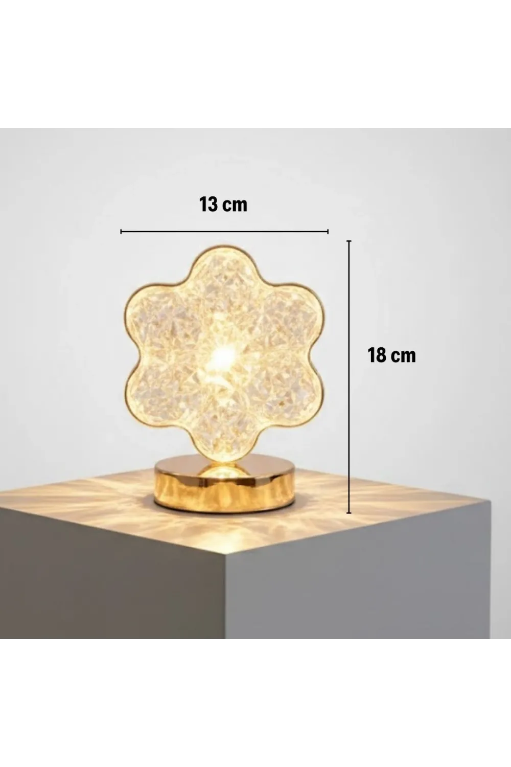 Çiçek Model Kristal LED Masa Lambası – Dokunmatik, 3 Renk Işık Modlu, Şarjlı Mini Dekoratif Gece Lambası
