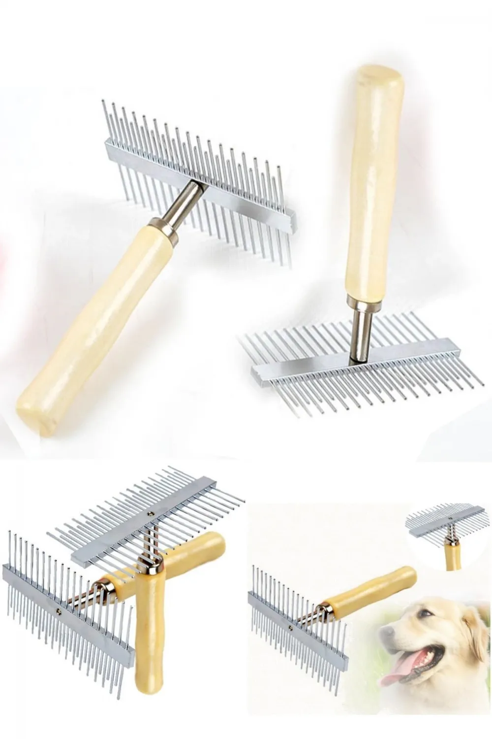 ieg™  Çift Taraflı Ahşap Saplı Ergonomik Evcil Hayvan Fırçası Tarağı