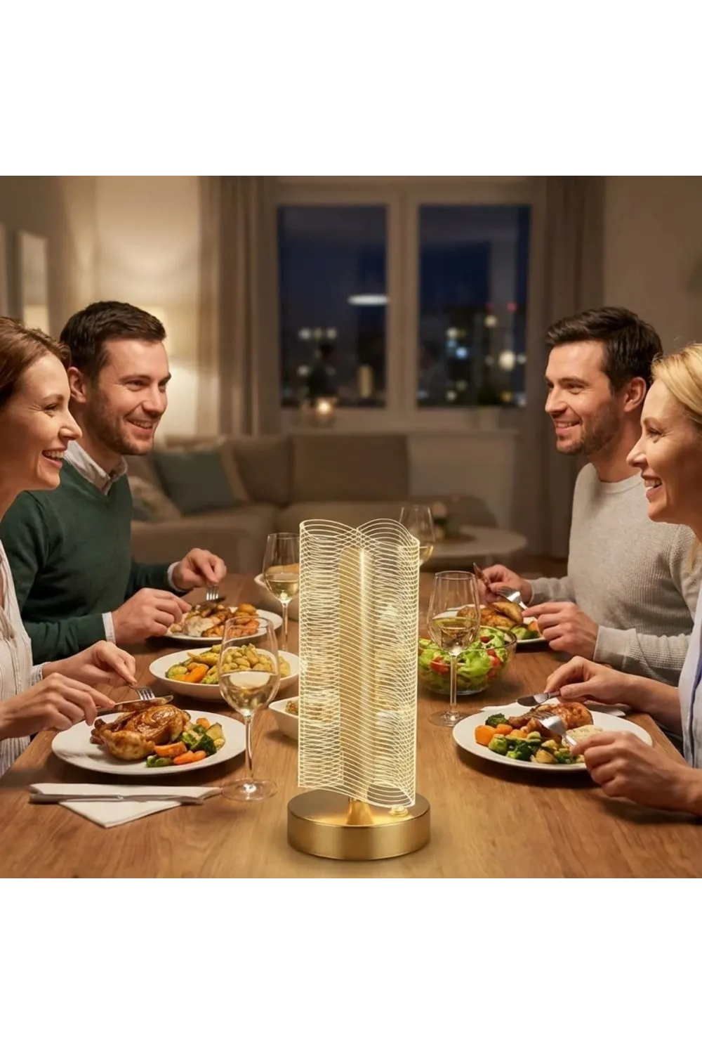 Dalgalı Silindirik Kristal Çizgili Model LED Masa Lambası – Gold Tabanlı, Dokunmatik, 3 Renk Işık Modlu, Şarjlı Modern Dekoratif Gece Lambası