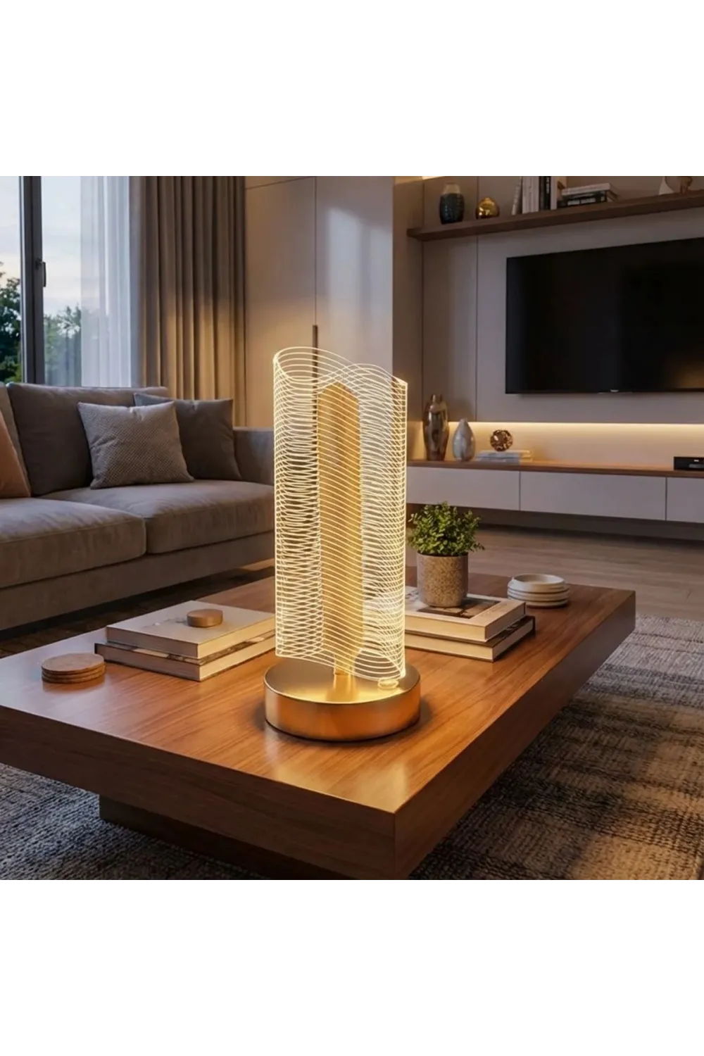 Dalgalı Silindirik Kristal Çizgili Model LED Masa Lambası – Gold Tabanlı, Dokunmatik, 3 Renk Işık Modlu, Şarjlı Modern Dekoratif Gece Lambası
