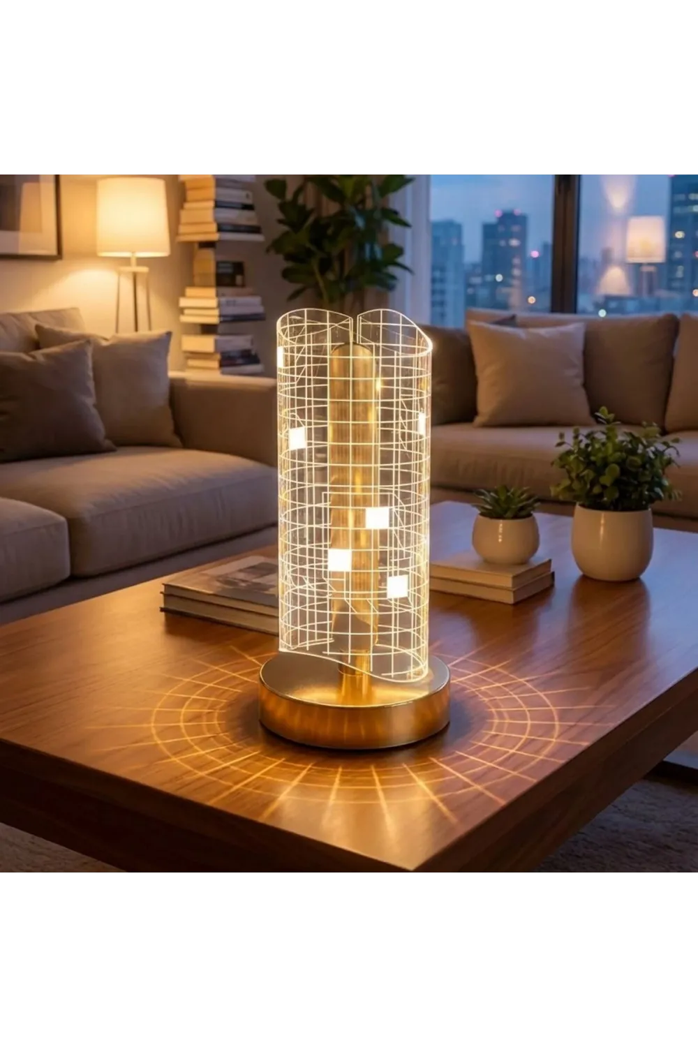 Dalgalı Silindirik Kristal Kareli Model LED Masa Lambası – Gold Tabanlı, Dokunmatik, 3 Renk Işık Modlu, Şarjlı Modern Dekoratif Gece Lambası
