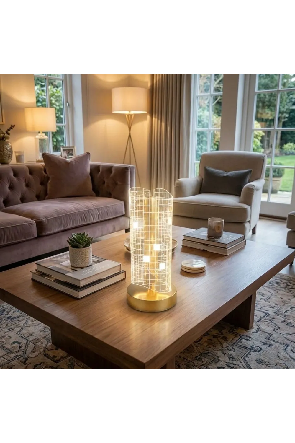 Dalgalı Silindirik Kristal Kareli Model LED Masa Lambası – Gold Tabanlı, Dokunmatik, 3 Renk Işık Modlu, Şarjlı Modern Dekoratif Gece Lambası