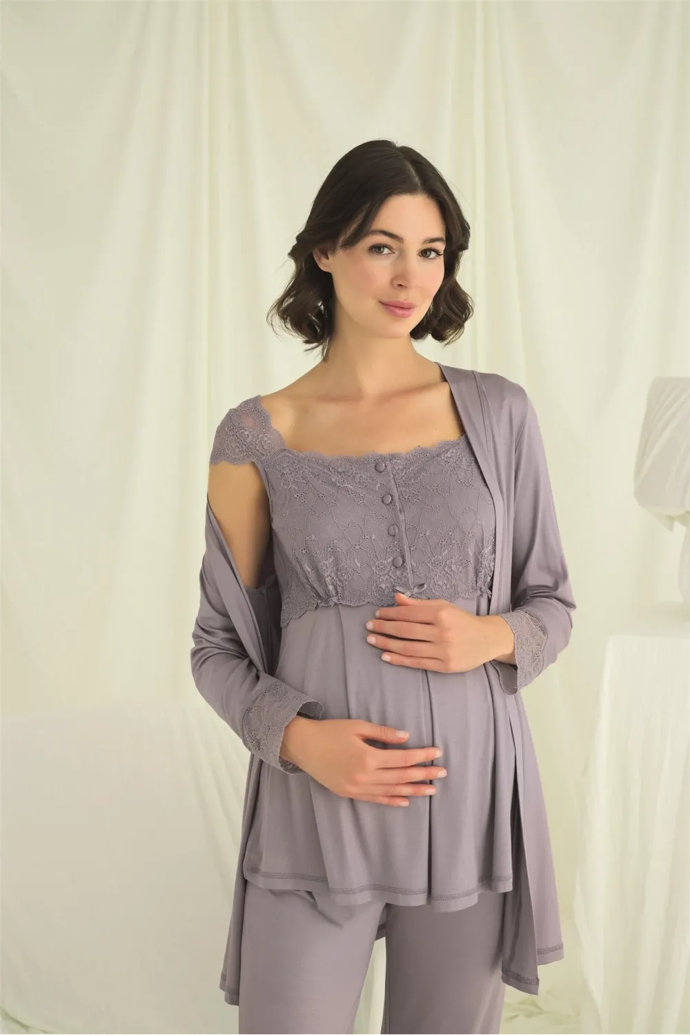 Dantelli Önü Düğmeli Hamile Lohusa 3lü Pijama Takımı