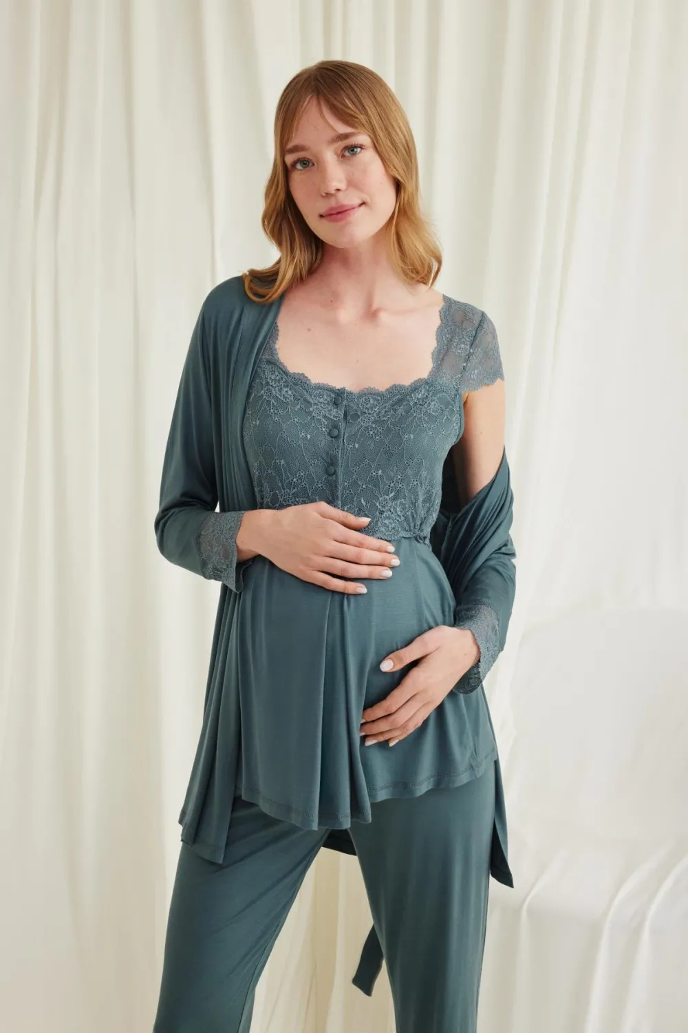 Dantelli Önü Düğmeli Hamile Lohusa 3lü Viskon Pijama Takımı