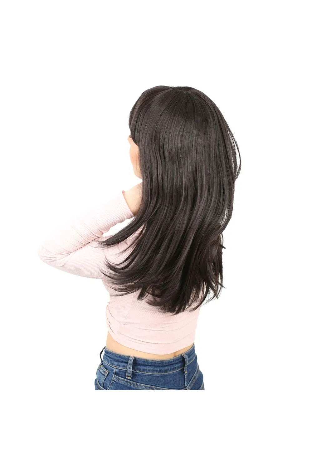 Düz Perçemli Orta Boy Fiber Sentetik Peruk - Kahverengi