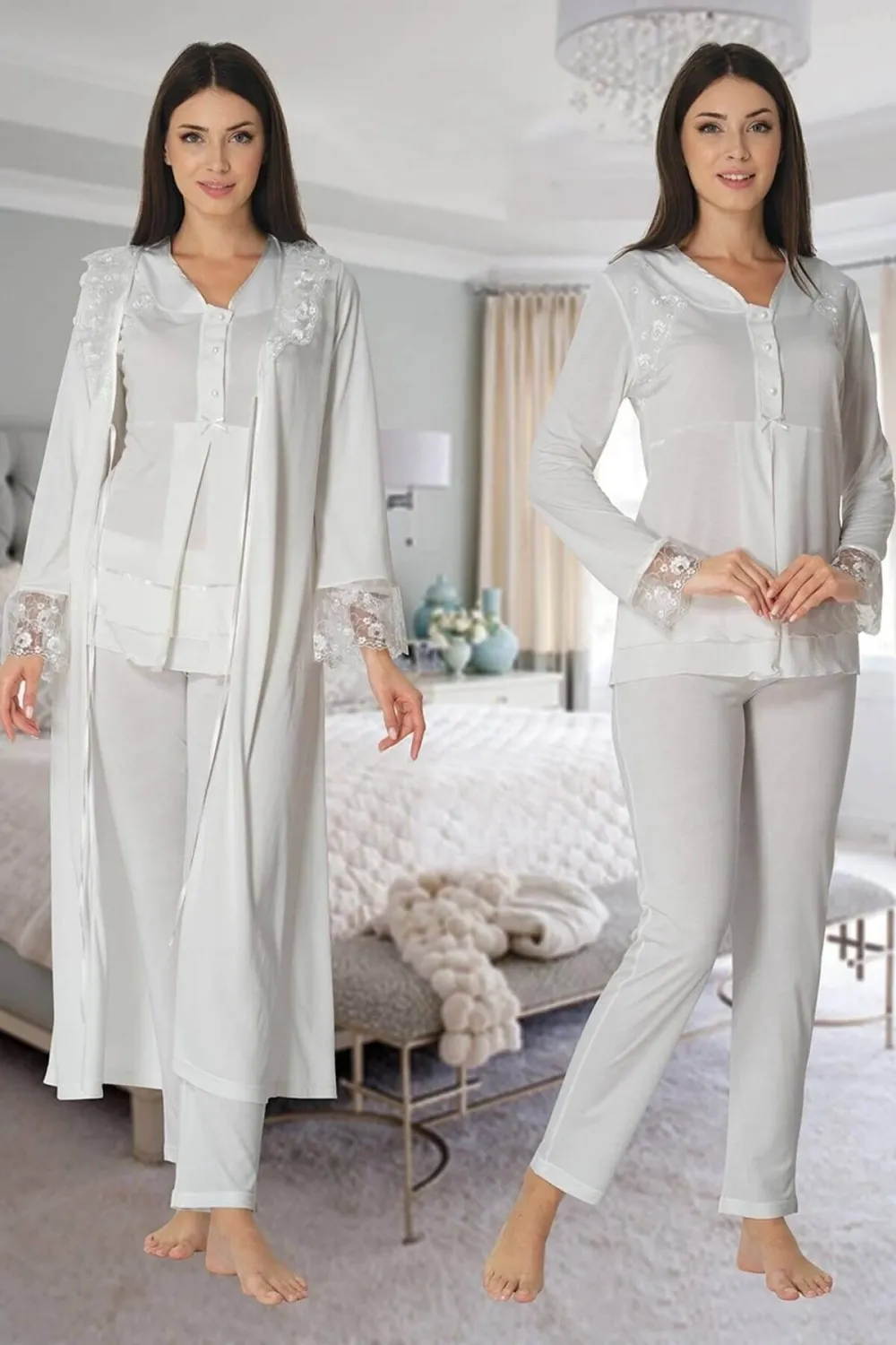 ieg™ Effortt 2424 Uzun Dantel Sabahlıklı Lohusa Pijama