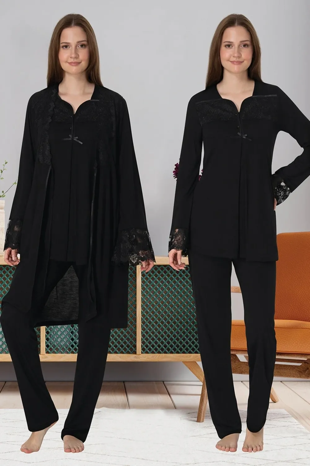ieg™ Effortt 4084 Dantelli Sabahlıklı Lohusa Pijama Takımı