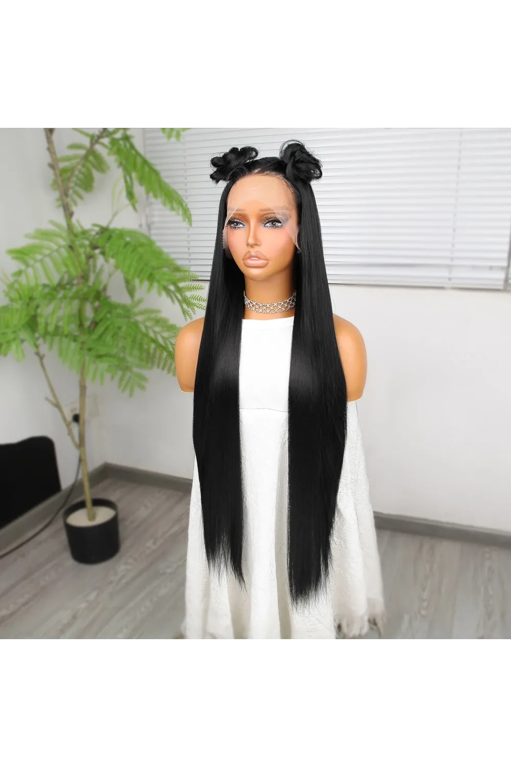 Ekstra Uzun Siyah Fiber Sentetik Düz Tül Peruk