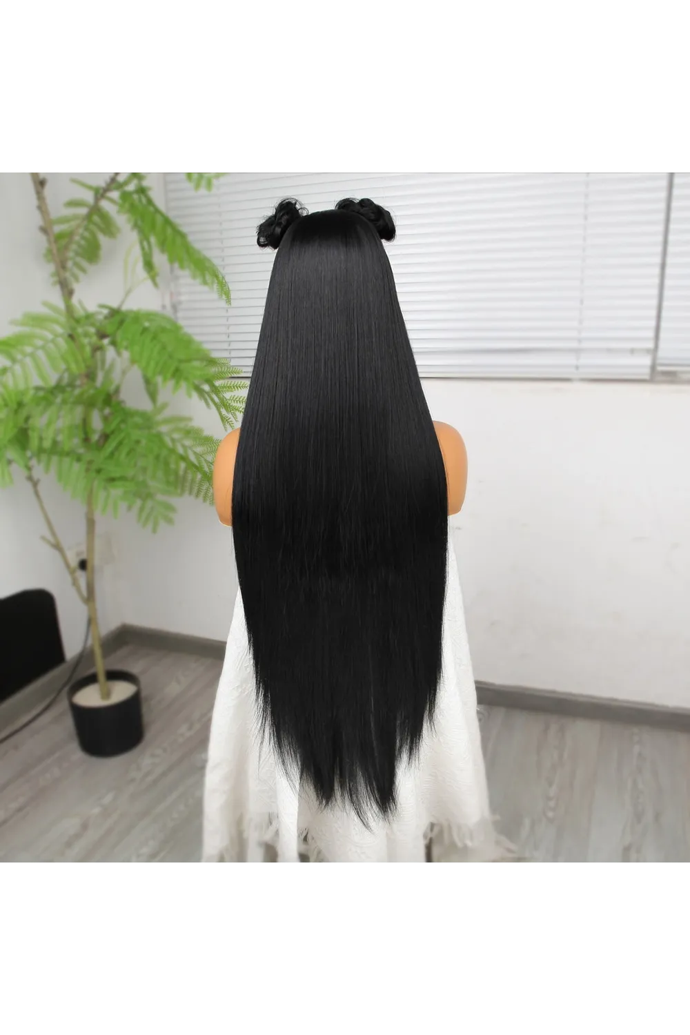 Ekstra Uzun Siyah Fiber Sentetik Düz Tül Peruk