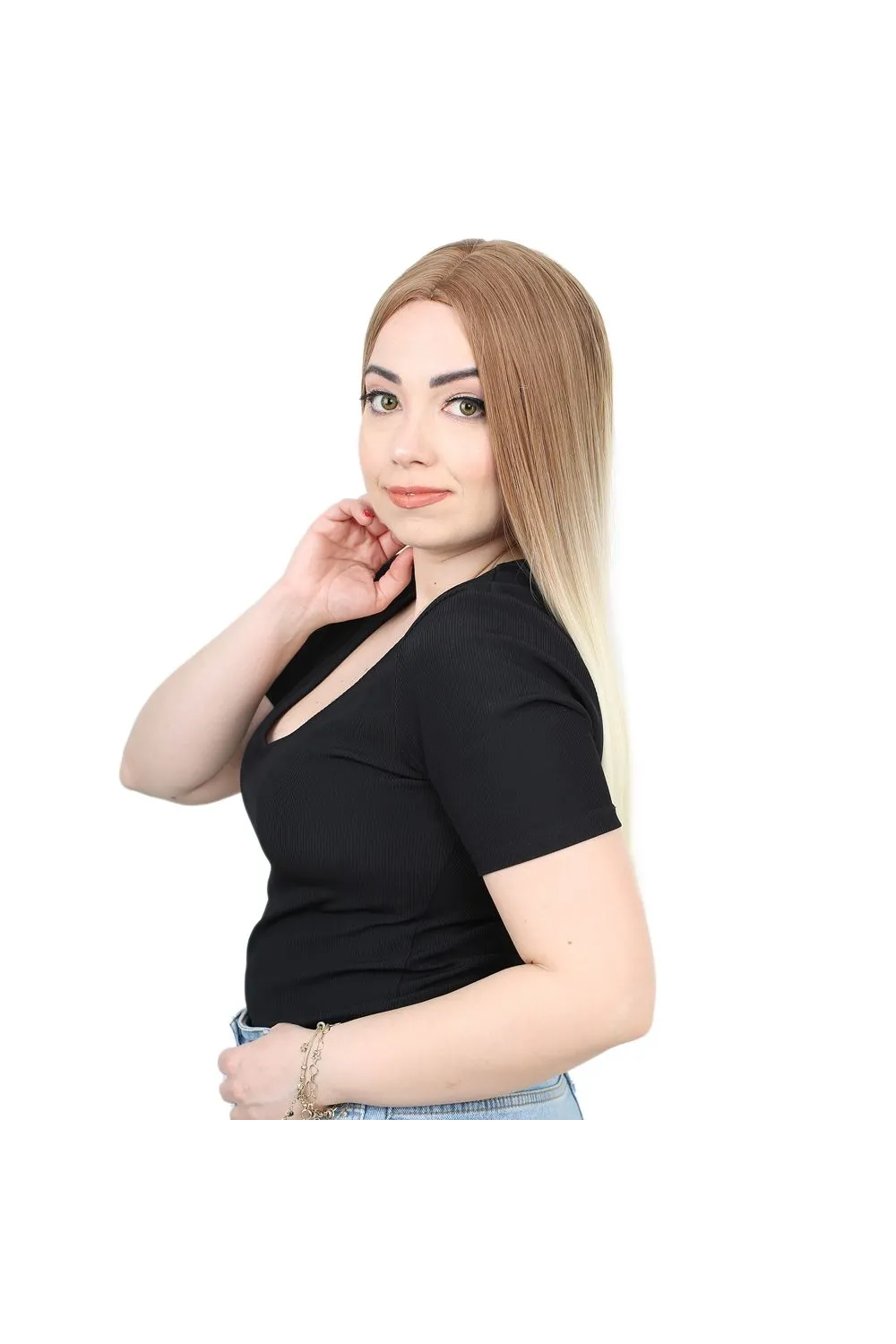 Fiber Sentetik Uzun Düz Peruk - Balköpüğü / Platin Ombreli