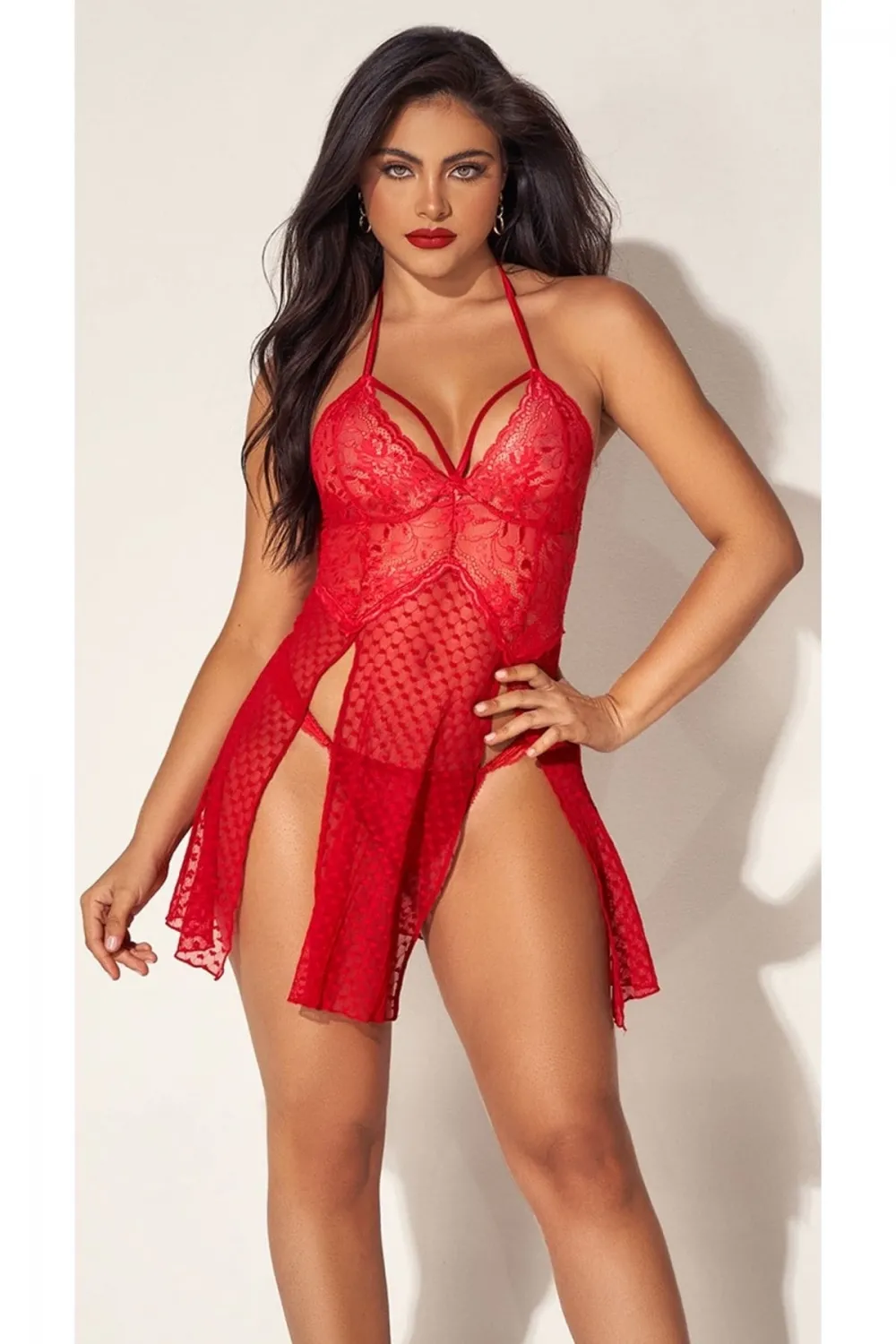 ieg™ For Dreams 8604 Kırmızı Dantelli Boyundan Askılı Gecelik Takım