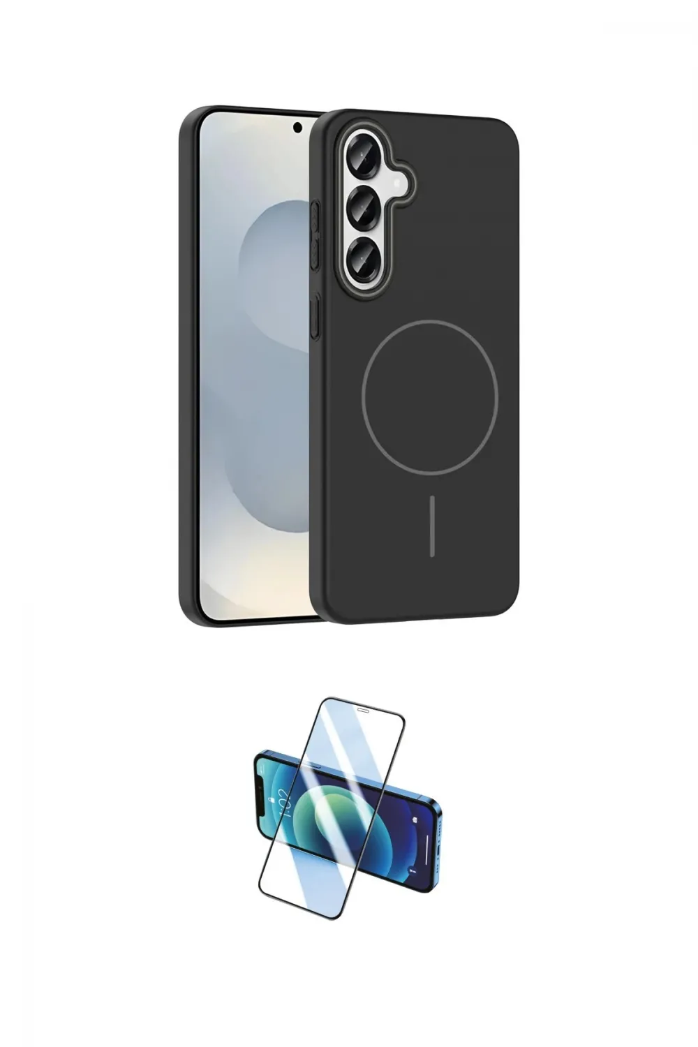 ieg™ Galaxy S23 FE Kılıf Siluet Doku Özel Seri - Siyah 3D Antistatik Cam Ekran Koruyucu