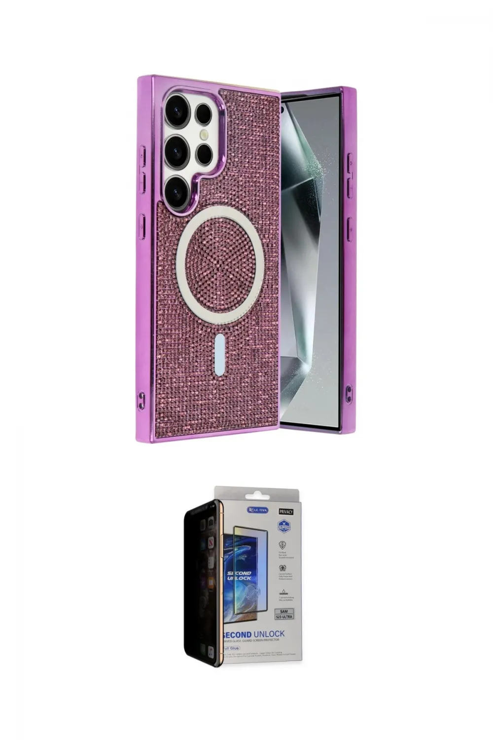 ieg™ Galaxy S23 Ultra Kılıf Eksen Çizgi - Siyah Durable Full Glue Curved Hayalet Cam
