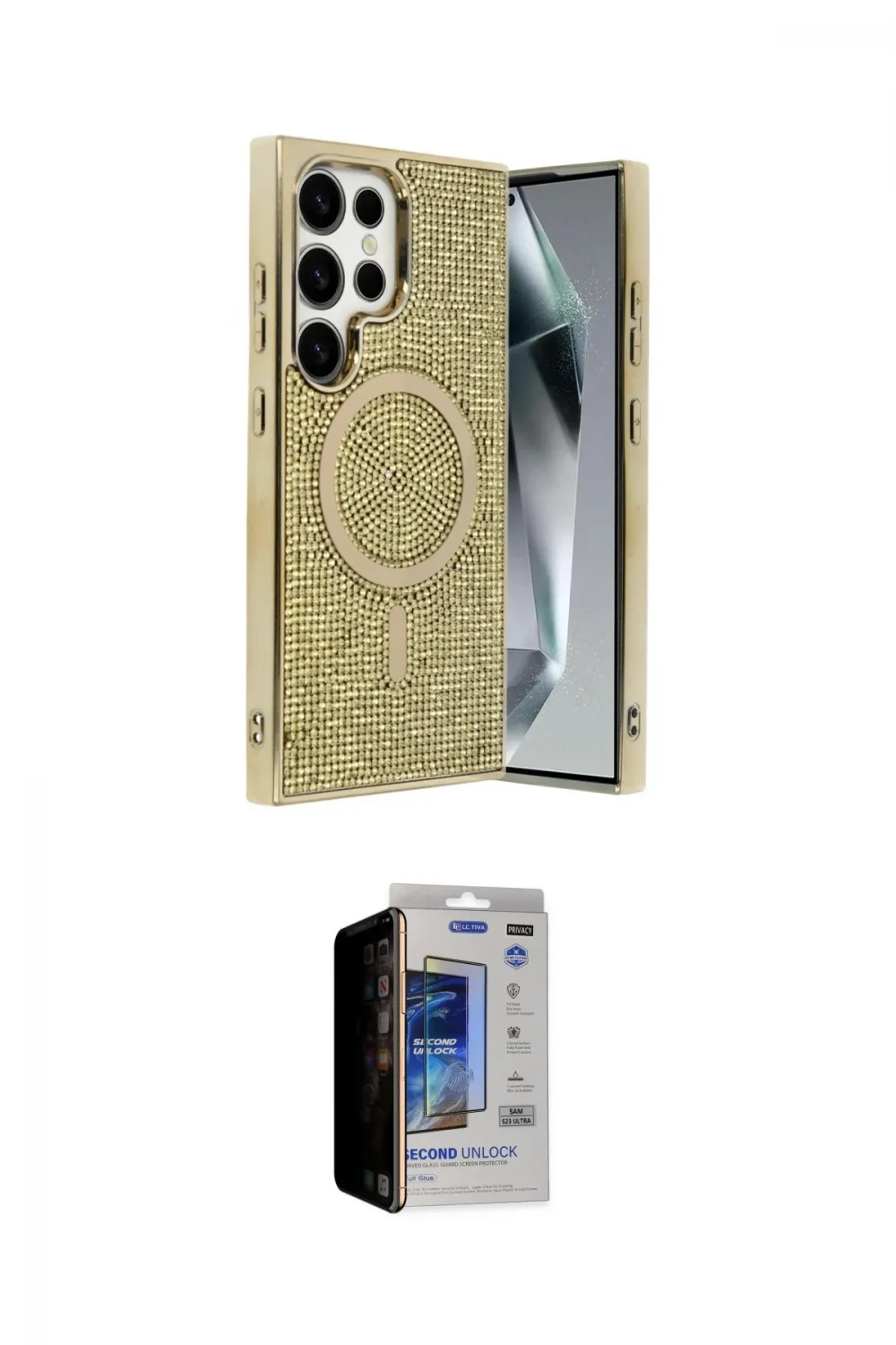 ieg™ Galaxy S23 Ultra Kılıf Eksen Çizgi - Siyah Durable Full Glue Curved Hayalet Cam
