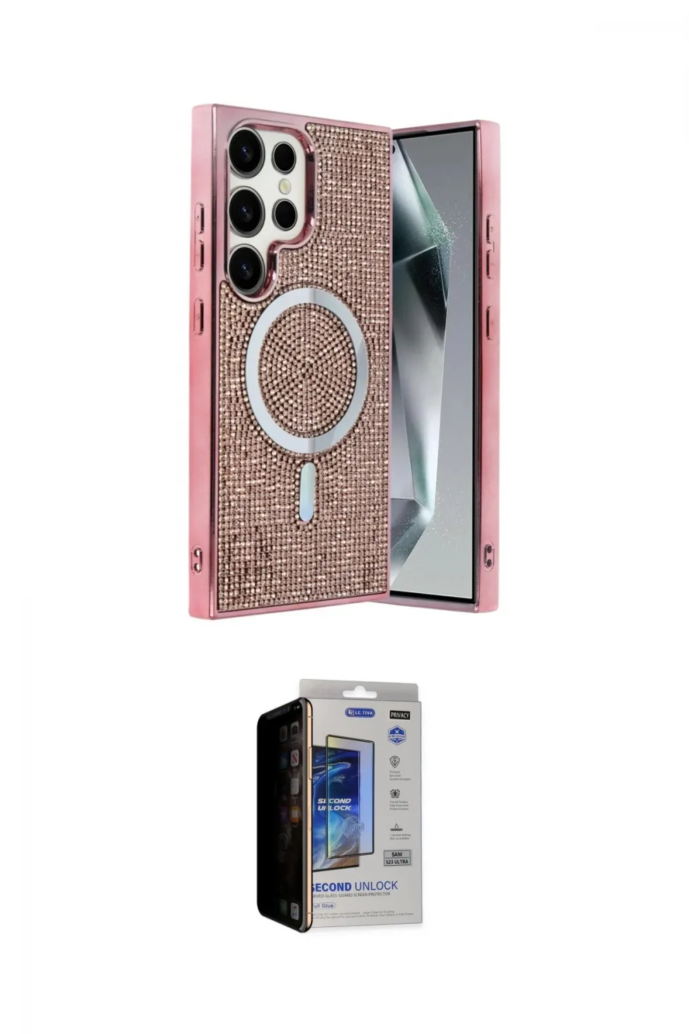 ieg™ Galaxy S23 Ultra Kılıf Eksen Çizgi - Siyah Durable Full Glue Curved Hayalet Cam