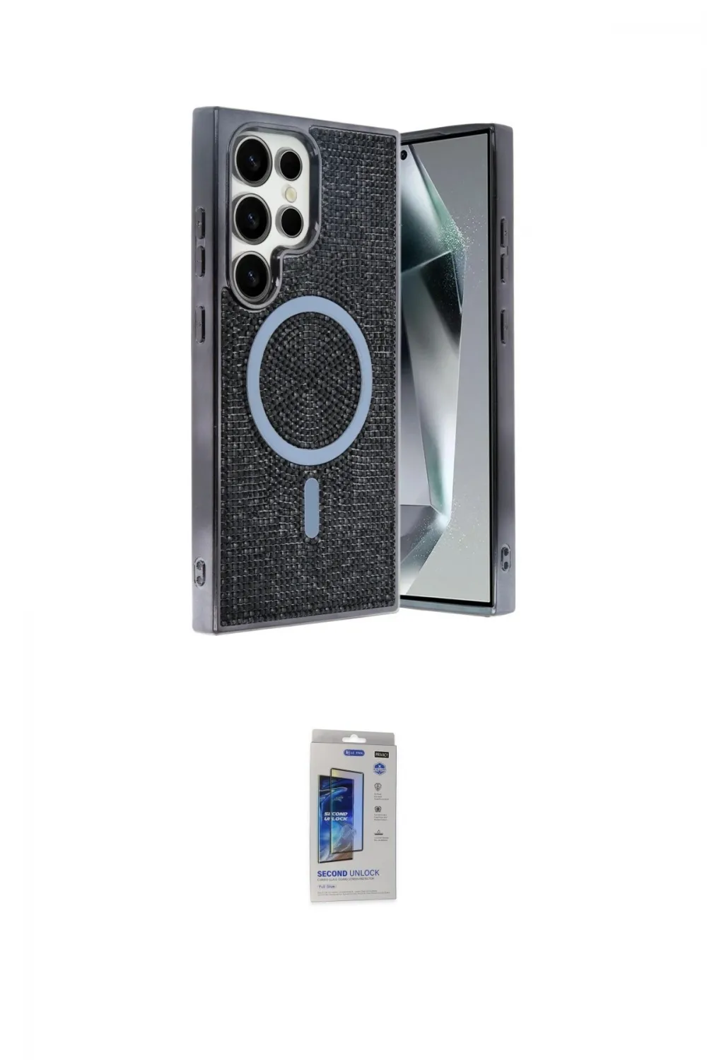 ieg™ Galaxy S24 Ultra Kılıf Eksen Çizgi - Siyah Durable Full Glue Curved Hayalet Cam
