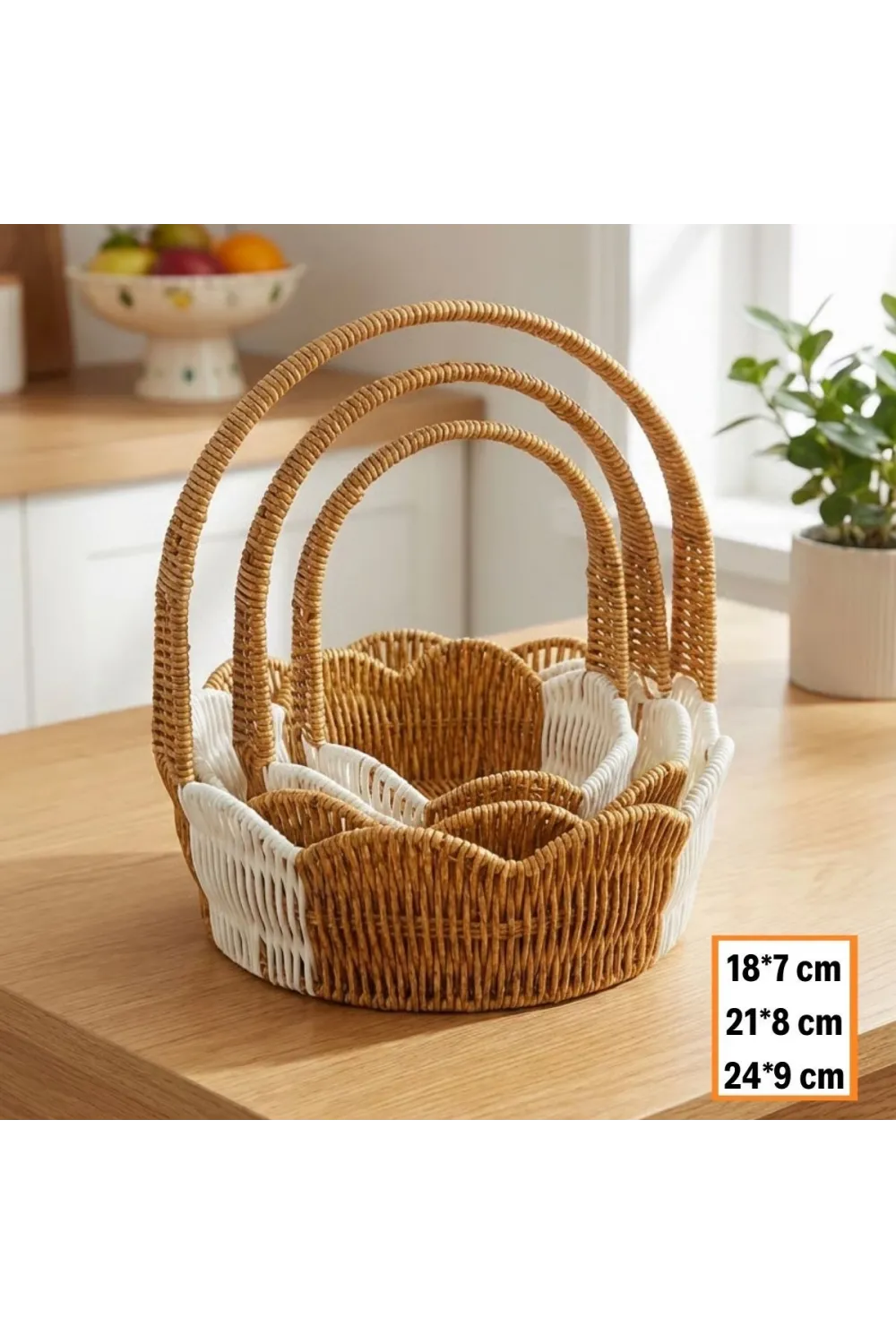 İç İçe Geçebilen 3’lü Çift Renkli Yuvarlak Dalgalı Formlu Saplı Plastik Rattan Sepet Seti – Hasır Görünümlü Çok Amaçlı Organizerler