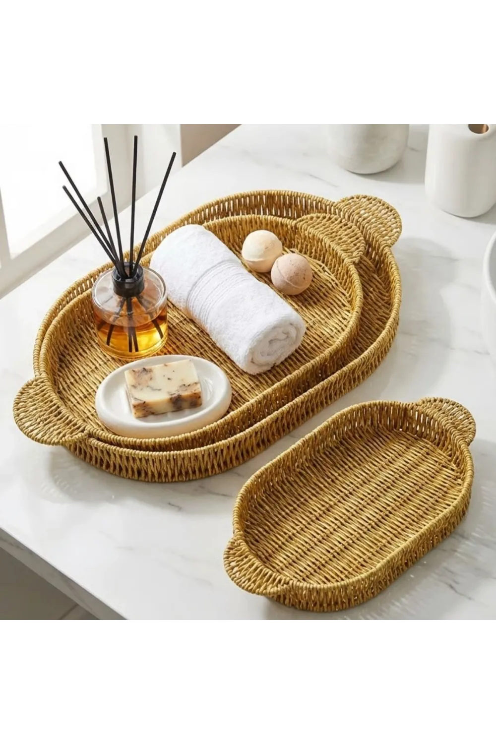 İç İçe Geçebilen 3’lü Oval Plastik Rattan Tepsi Seti–Hasır Görünümlü Çok Amaçlı Servis ve Sunum Tepsileri