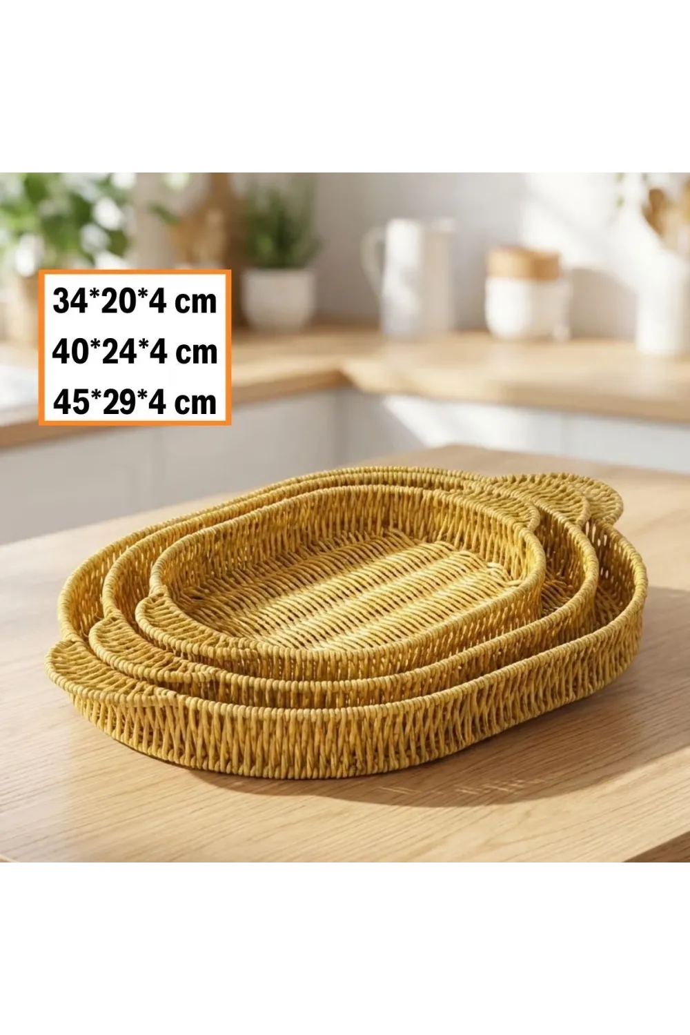 İç İçe Geçebilen 3’lü Oval Plastik Rattan Tepsi Seti–Hasır Görünümlü Çok Amaçlı Servis ve Sunum Tepsileri
