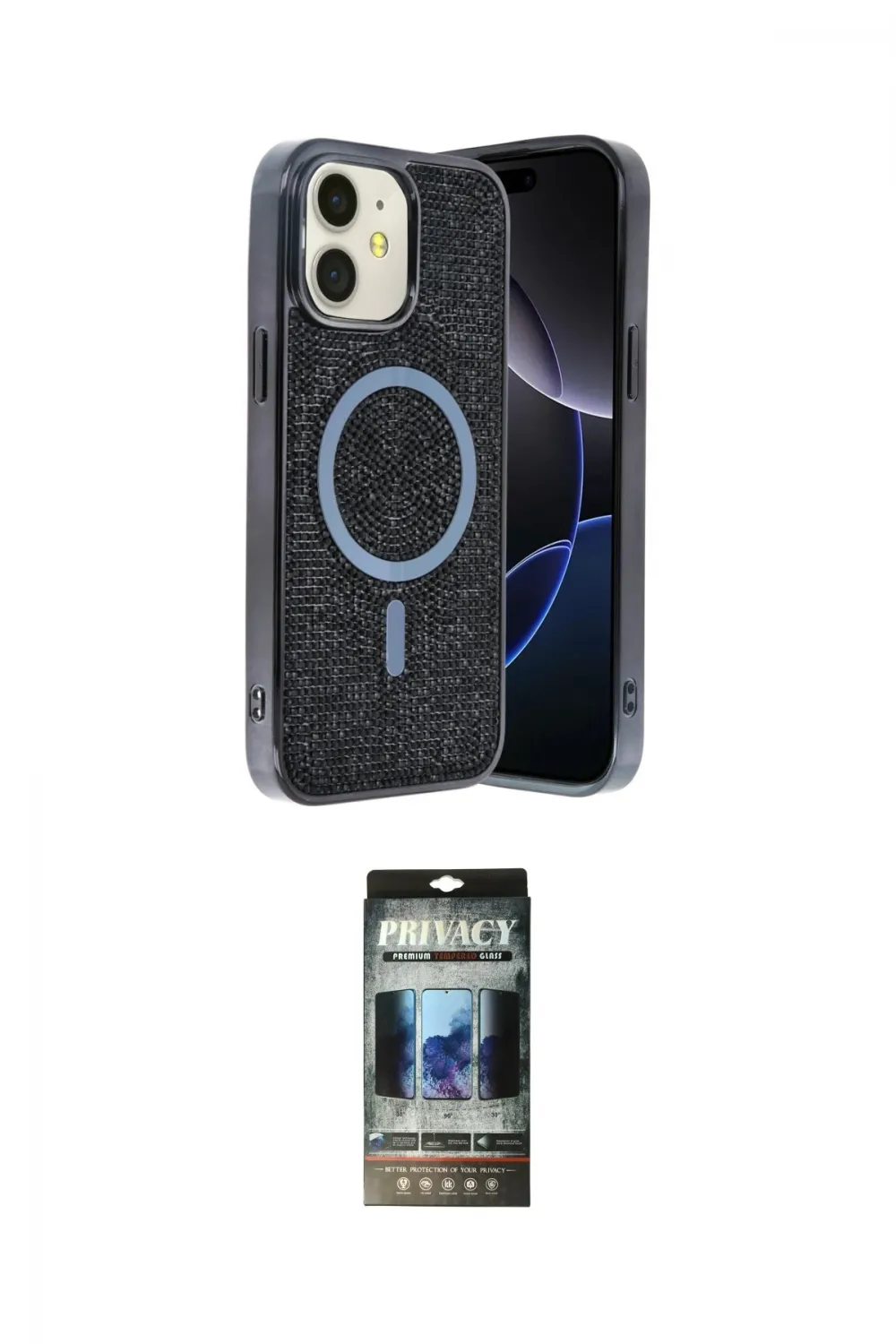 ieg™ iPhone 11 Kılıf Eksen Çizgi - Siyah 34D Hayalet Izgaralı Cam