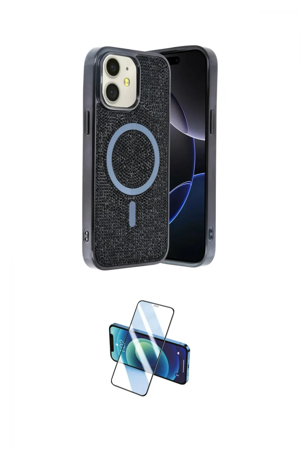 ieg™ iPhone 11 Kılıf Eksen Çizgi - Siyah 3D Antistatik Cam Ekran Koruyucu