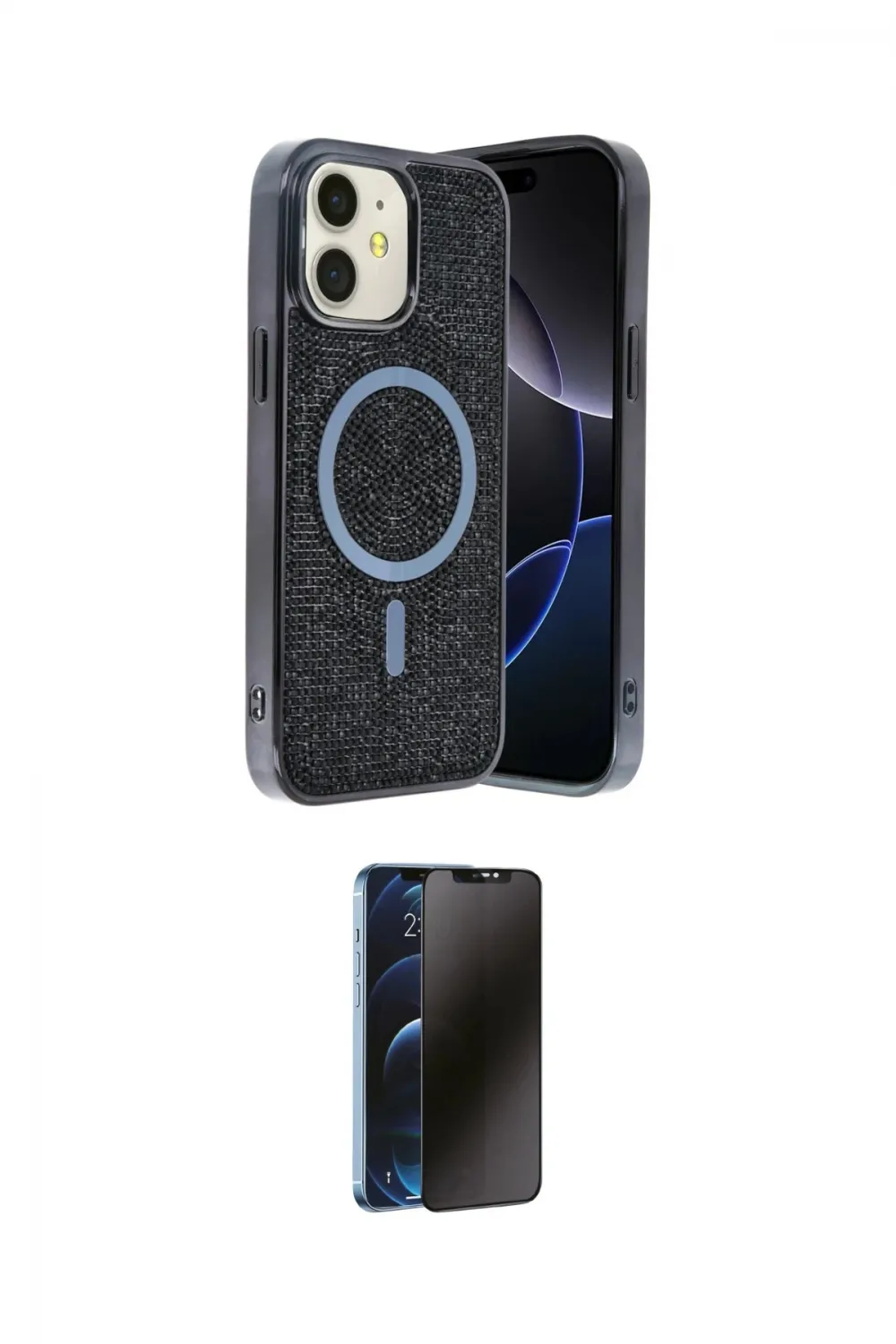 ieg™ iPhone 11 Kılıf Eksen Çizgi - Siyah 3D Antistatik Hayalet Cam Ekran Koruyucu