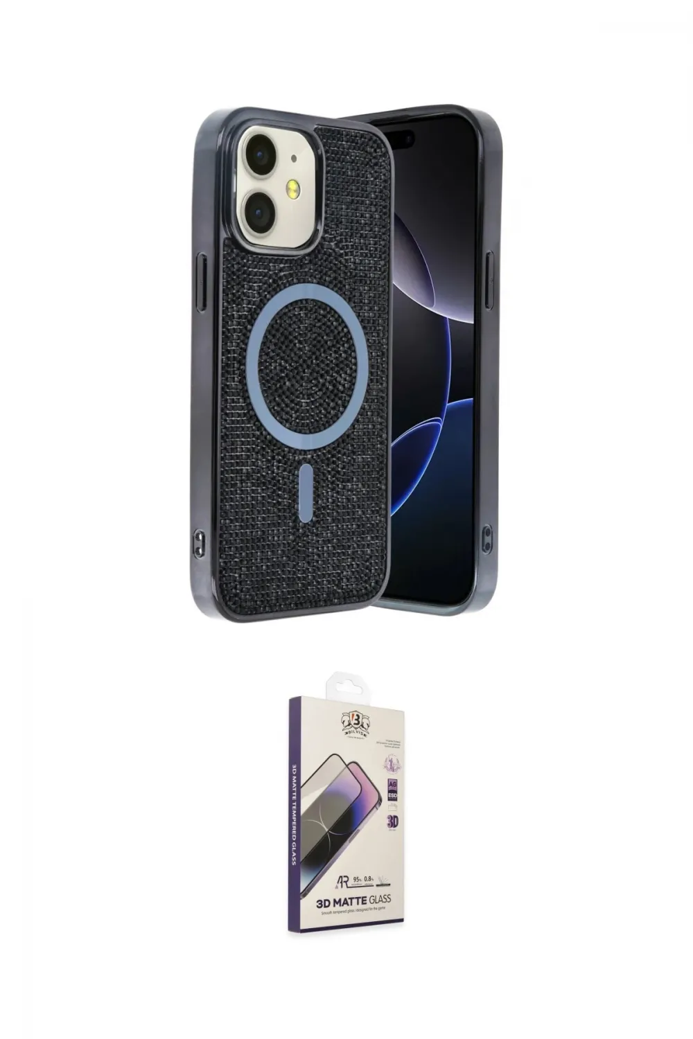 ieg™ iPhone 11 Kılıf Eksen Çizgi - Siyah Bilvis 3D Mat Cam Ekran Koruyucu