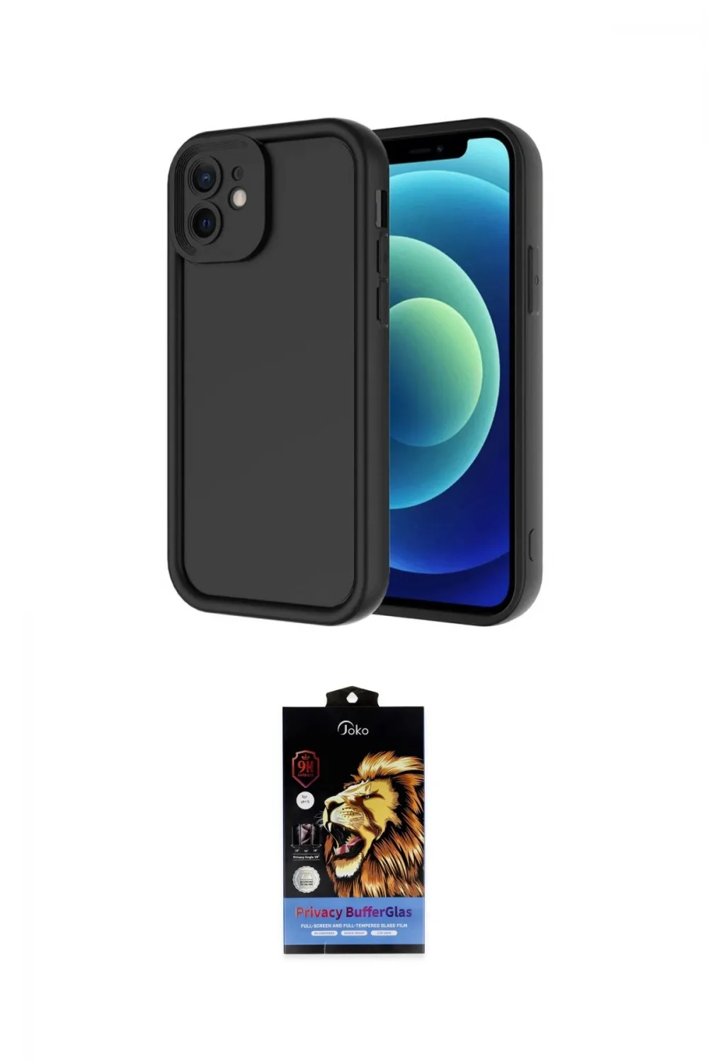 ieg™ iPhone 11 Kılıf Yankı Yansıma Özel Seri - Siyah Buffer Hayalet Cam Ekran Koruyucu