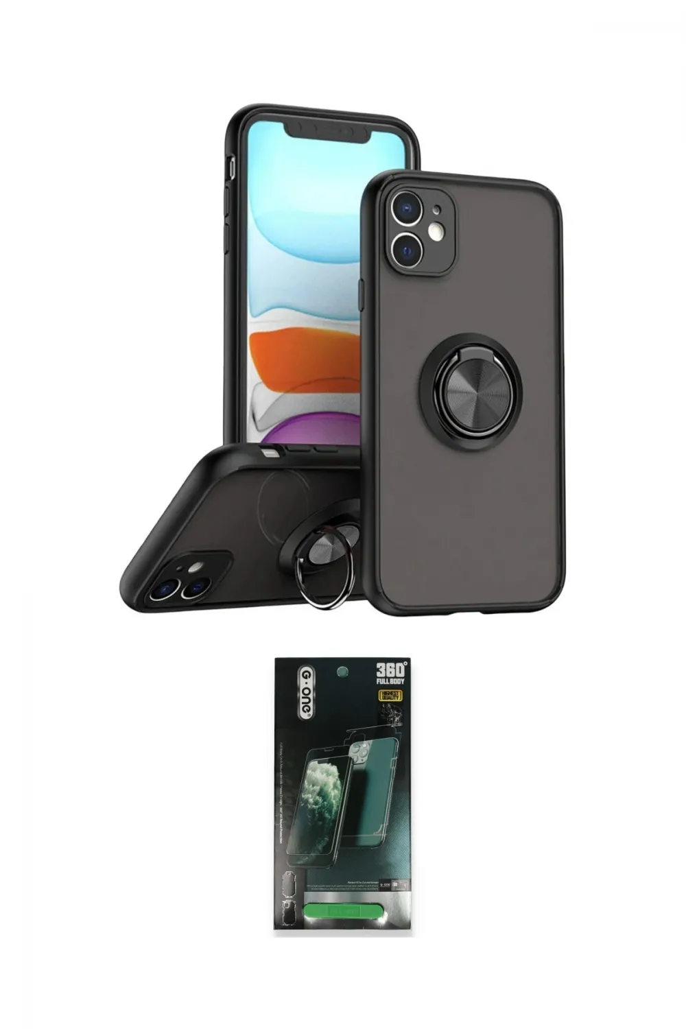 ieg™ iPhone 11 Kılıf Yörünge Çizgi - Siyah 360 Mat Full Body Arka Koruyucu