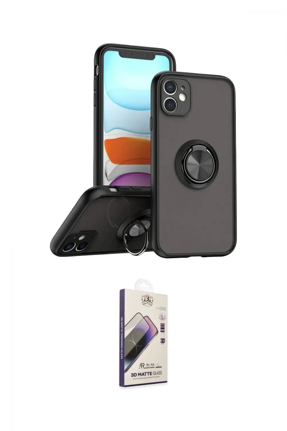 ieg™ iPhone 11 Kılıf Yörünge Çizgi - Siyah Bilvis 3D Mat Cam Ekran Koruyucu