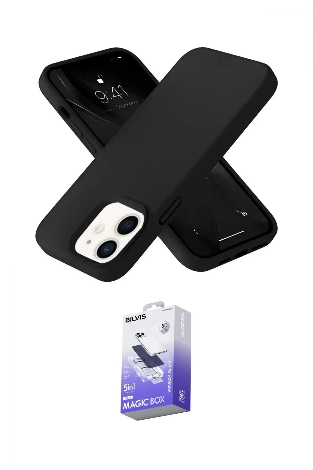 ieg™ iPhone 12 Kılıf Ahenk Serisi - Siyah Bilvis 5in1 5D Magic Hayalet Cam Ekran Koruyucu