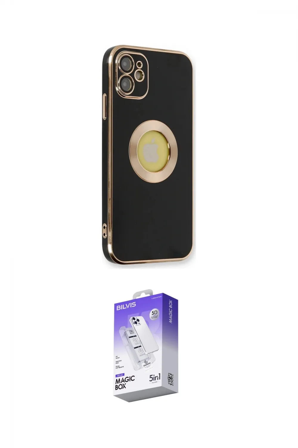 ieg™ iPhone 12 Kılıf İz Form Serisi - Siyah Bilvis 5in1 3D Magic Cam Ekran Koruyucu