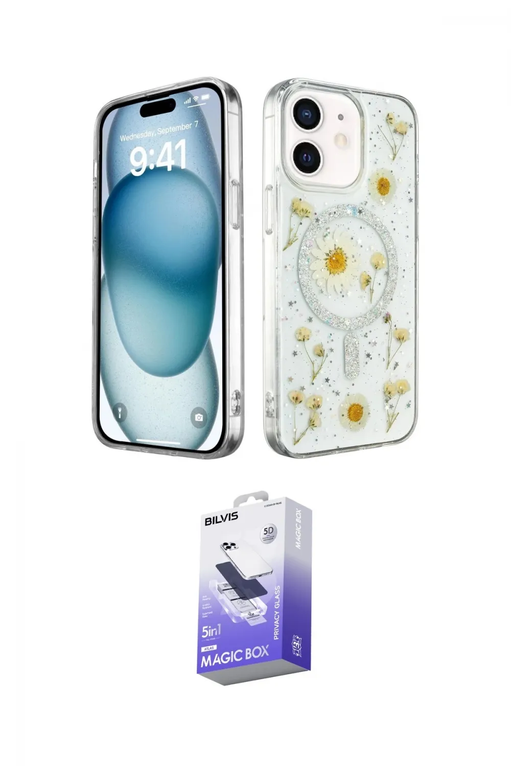 ieg™ iPhone 12 Kılıf Kozmos Doku - Siyah Bilvis 5in1 5D Magic Hayalet Cam Ekran Koruyucu