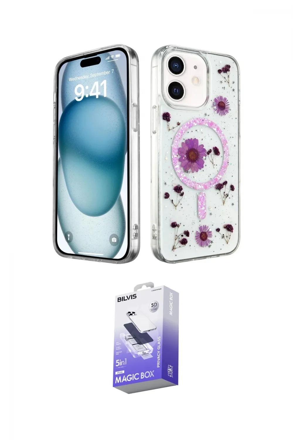 ieg™ iPhone 12 Kılıf Kozmos Doku - Siyah Bilvis 5in1 5D Magic Hayalet Cam Ekran Koruyucu