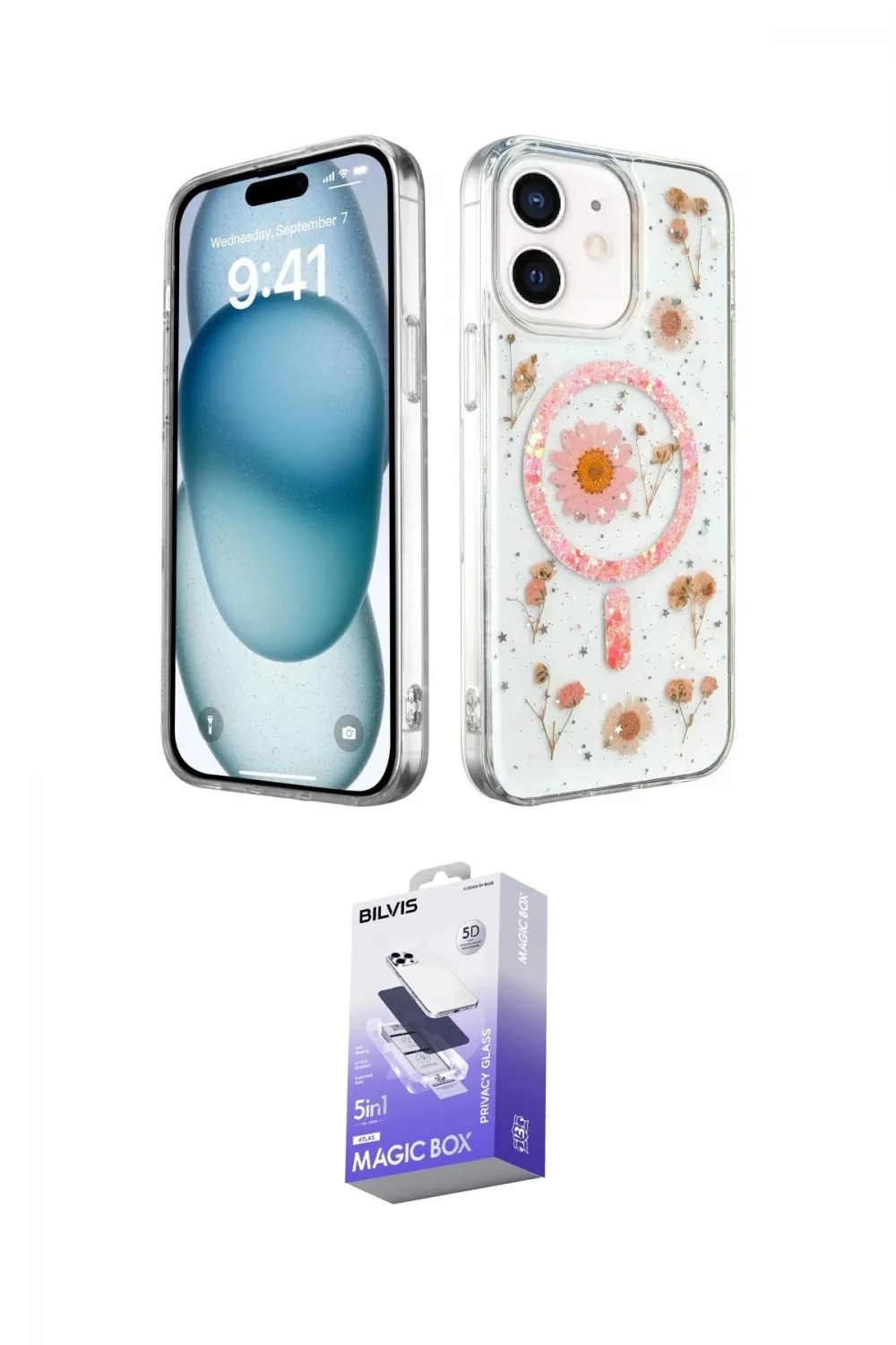 ieg™ iPhone 12 Kılıf Kozmos Doku - Siyah Bilvis 5in1 5D Magic Hayalet Cam Ekran Koruyucu