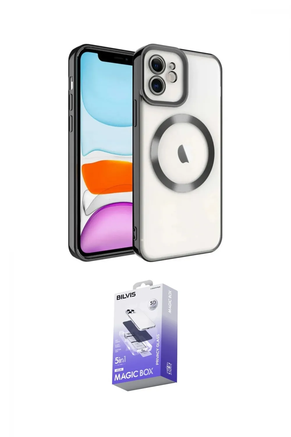 ieg™ iPhone 12 Kılıf Nova Işık Özel Seri - Siyah Bilvis 5in1 5D Magic Hayalet Cam Ekran Koruyucu